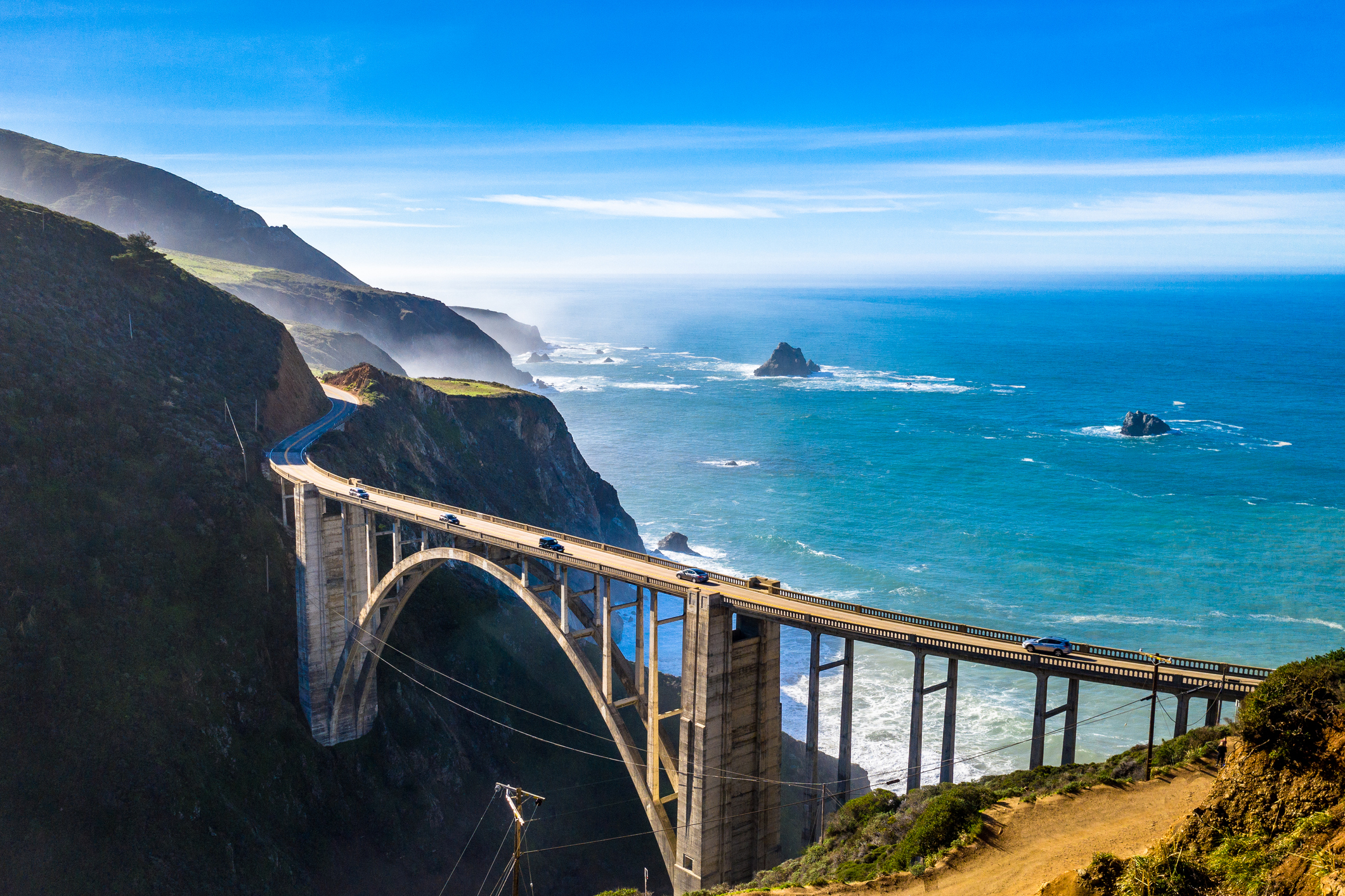 Big Sur bridge California, aerial view of mountains and ocean