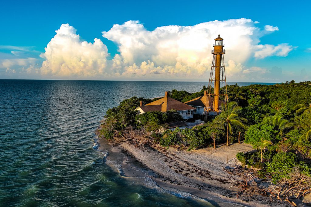 view of the lighthouse located on Sanibel island, west of Ft. Myers Florida at sunset