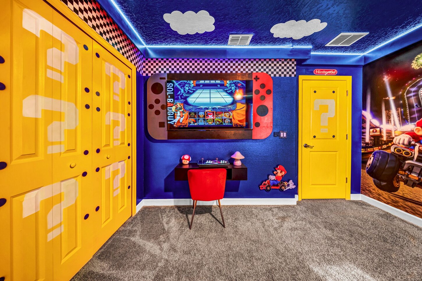  Step into the Mario universe  A themed room featuring a  cloud roof and 10,000 games for kids and kids at heart.