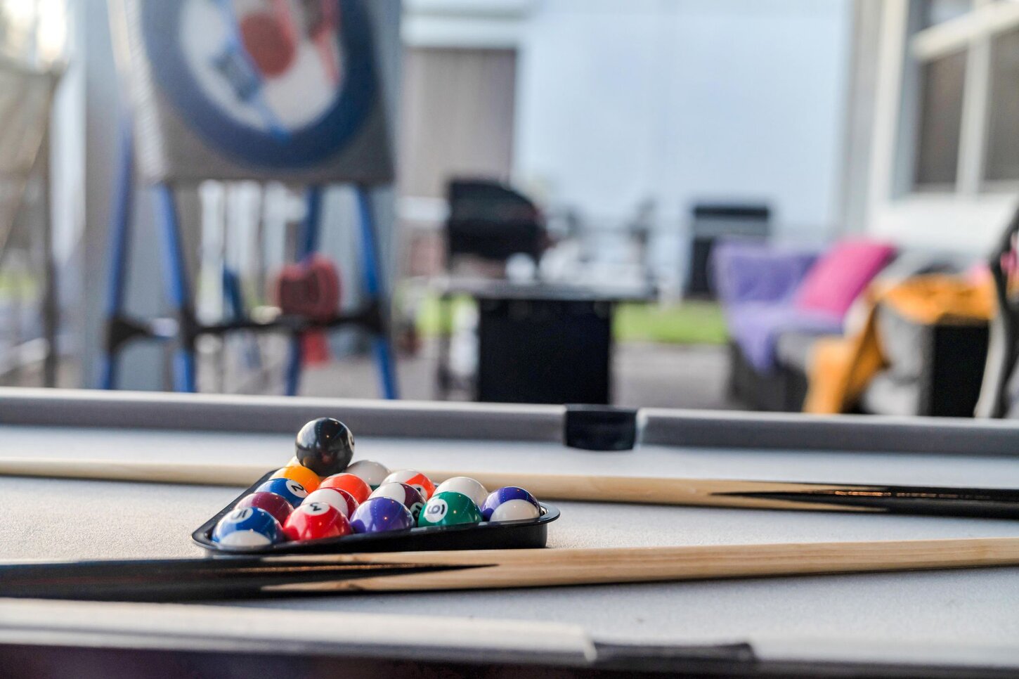  A perfect blend of entertainment and relaxation challenge friends at the  pool table, test your aim with axe throwing , and relax fireside  in comfortable chairs .