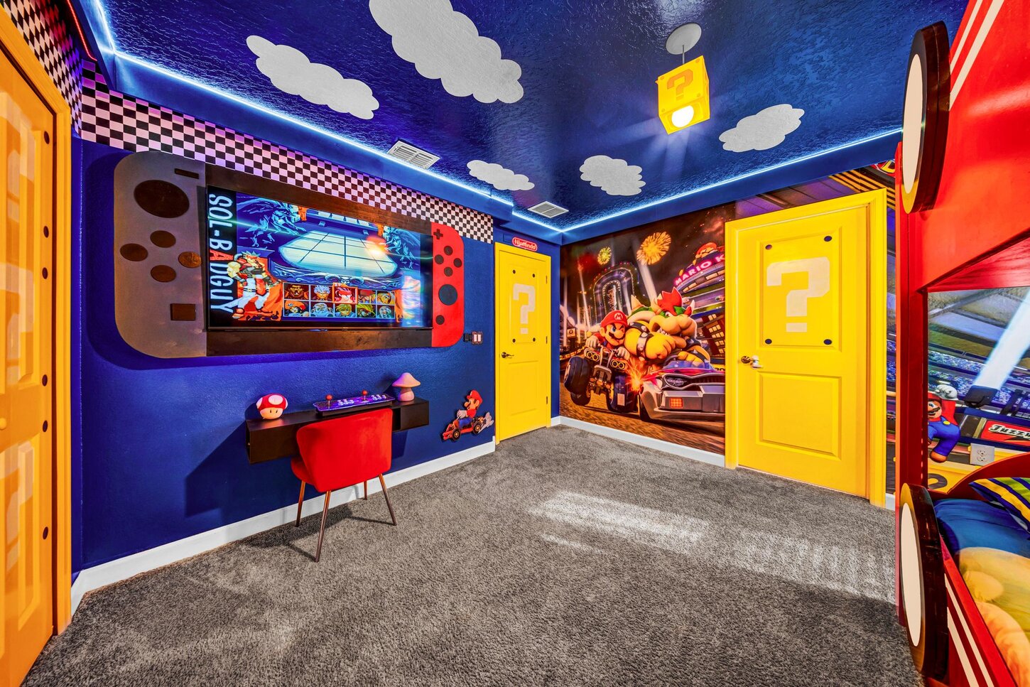  Every Mario lovers dream room.  Over 10,000 games to play,  cloudinspired ceiling, and  a Mario car bed. Perfect for kids and the kid in every adult, it is a true Mario adventure.