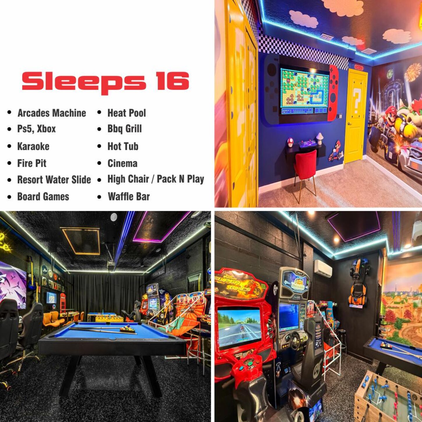 Game Room Paradise  Packed with karaoke , foosball , Xbox , PS5 , pool table , pin8g pong , and board games . Endless entertainment for kids, families and kids at heart.