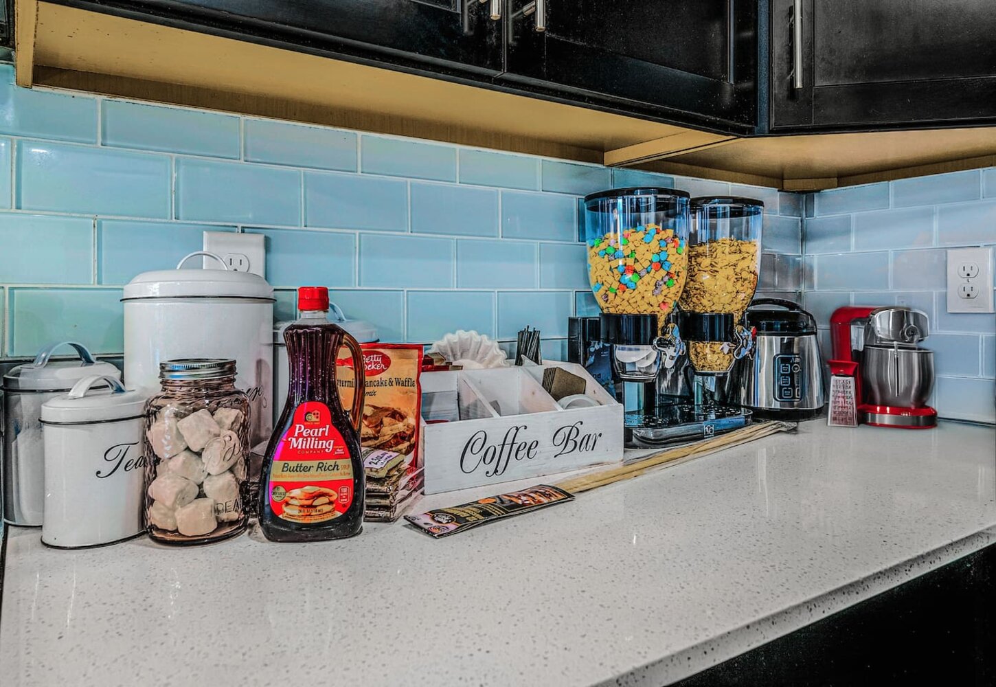 marshmallows, syrup, rice cooker, tea, coffee, sugar, creamer, pop corn.