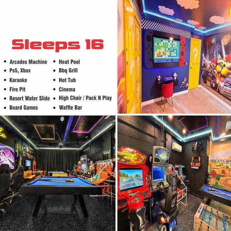 Mario Disney LUXE: Karaoke, Heat Pool, Firepit, BBQ Grill, Arcades, PS5, XBOX