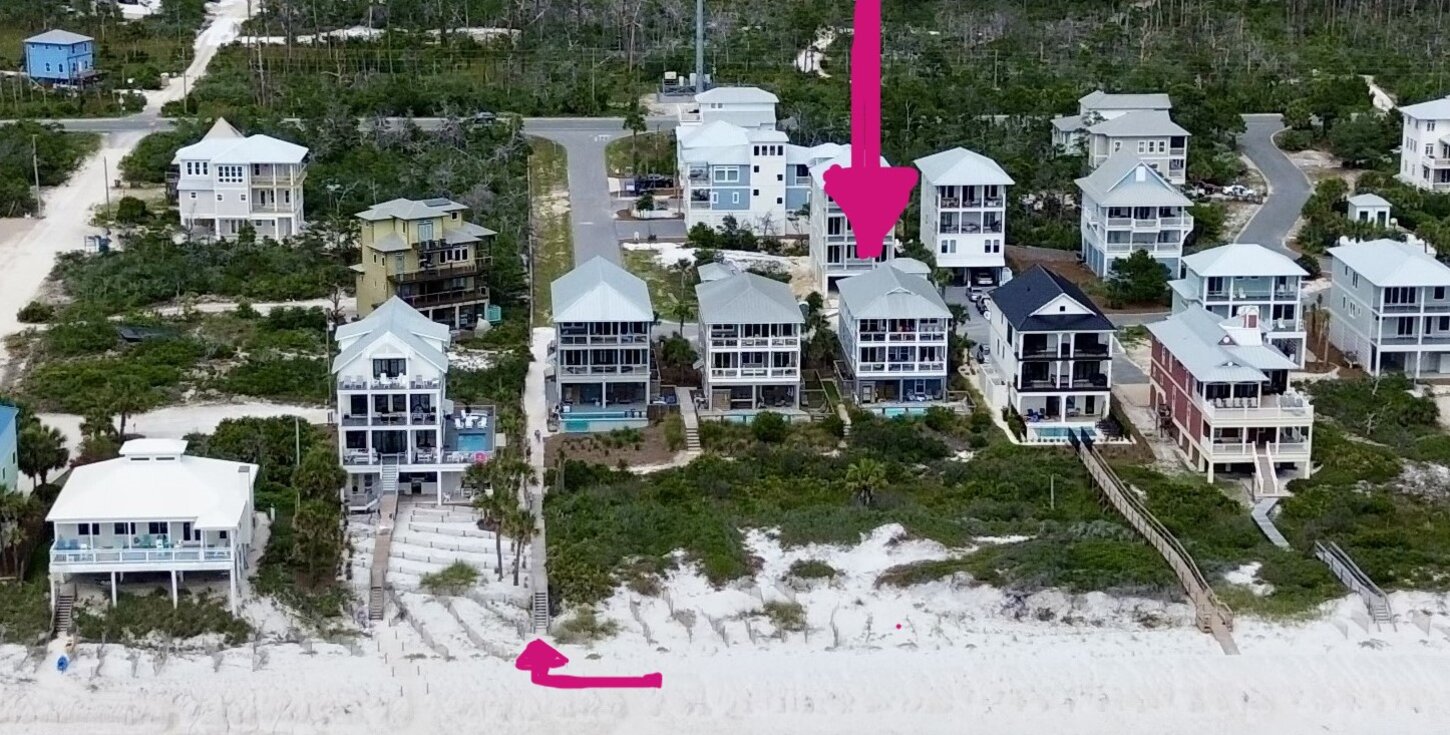 Aerial view showing beach access, semi-private boardwalk