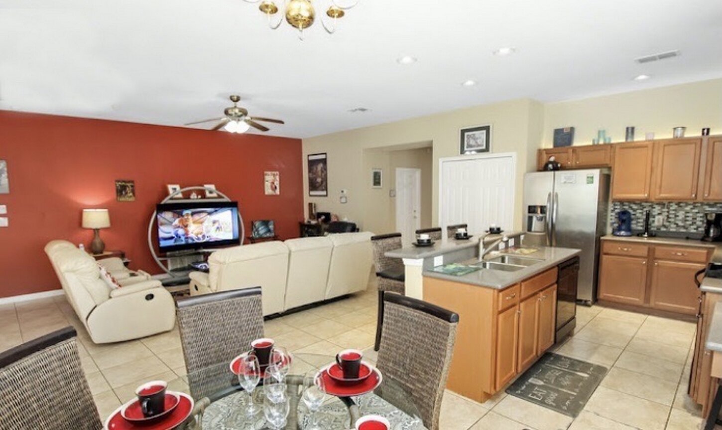 Full view of the living area and kitchen 