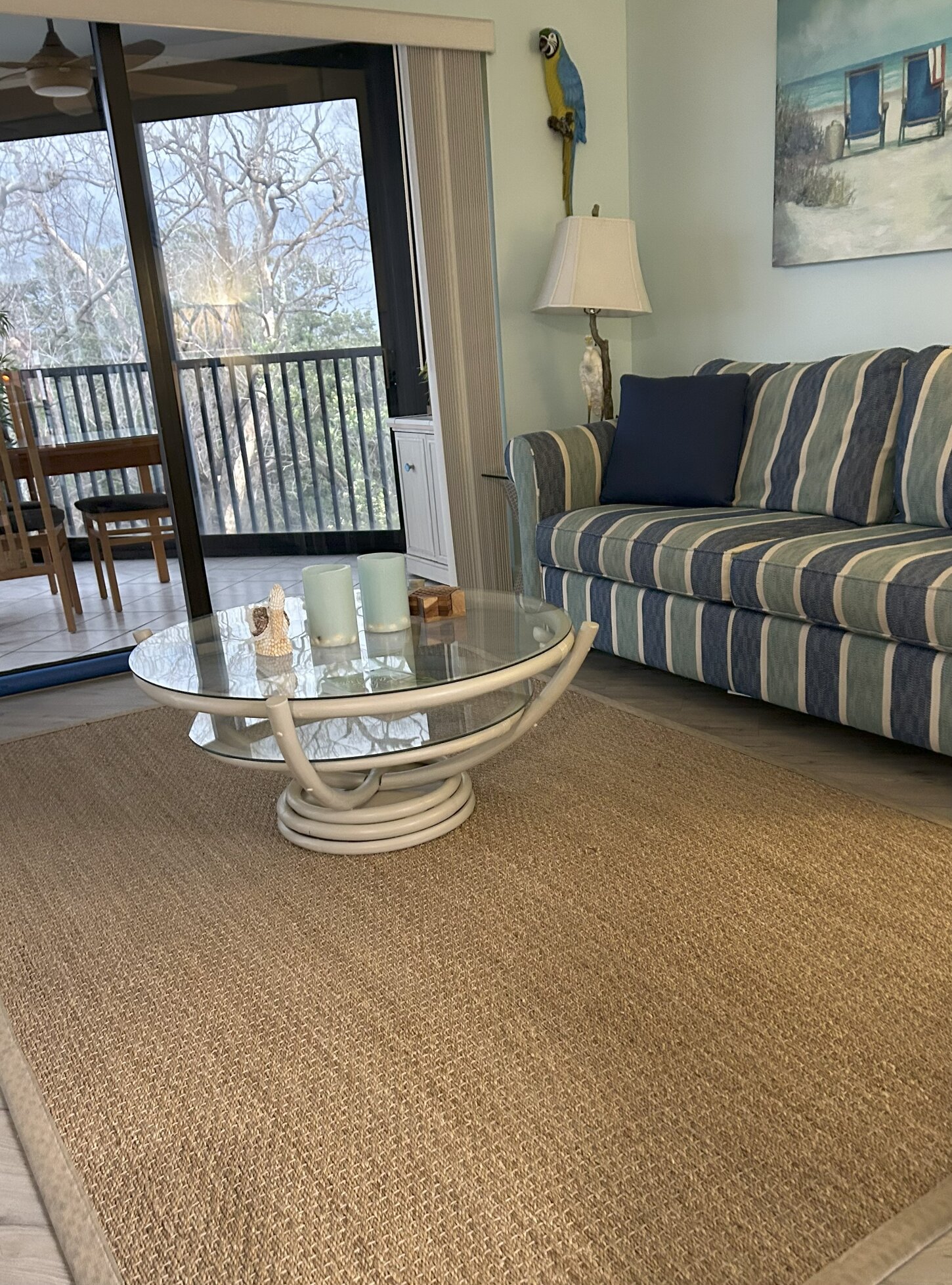 Queen sleeper sofa in living room with views of Sarasota Bay AND the Gulf