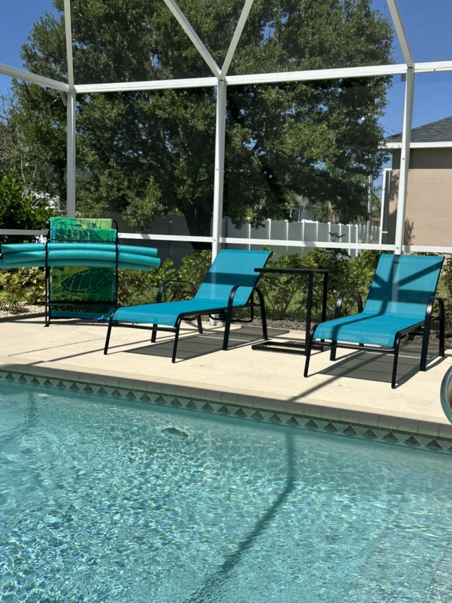 Lounge in style by the sparkling saltwater pool, soaking up the Cape Coral sunshine from the comfort of vibrant turquoise chairs.