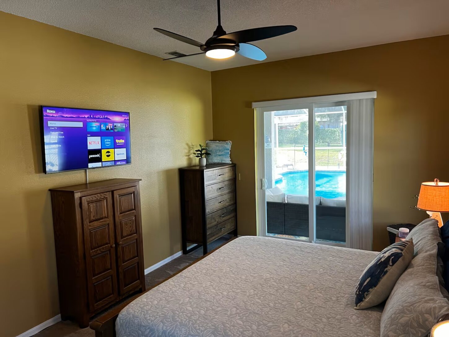 New (May 2025) 50 inch LG wall mounted TV connected to Roku to stream your favorite shows via the Internet. Chill out in comfort! 
